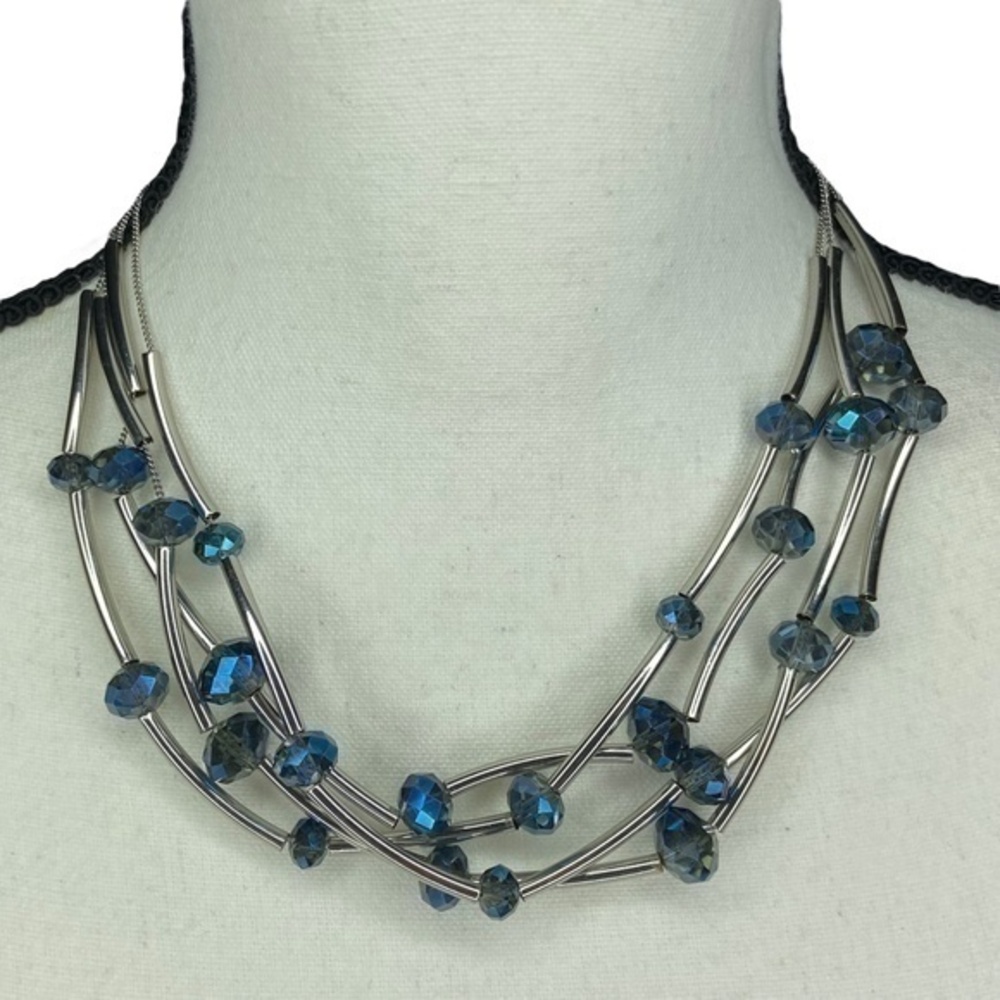 Kenneth Cole Necklace Blue Crystal and Silver Tone Metal 4 Strand Necklace